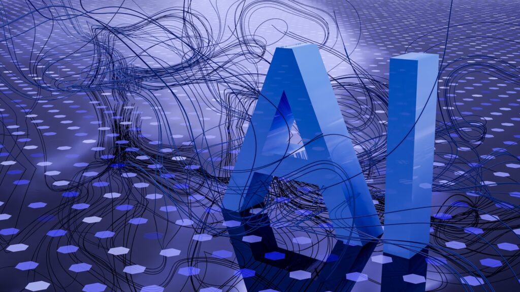 AI tools on a laptop screen with abstract futuristic UI