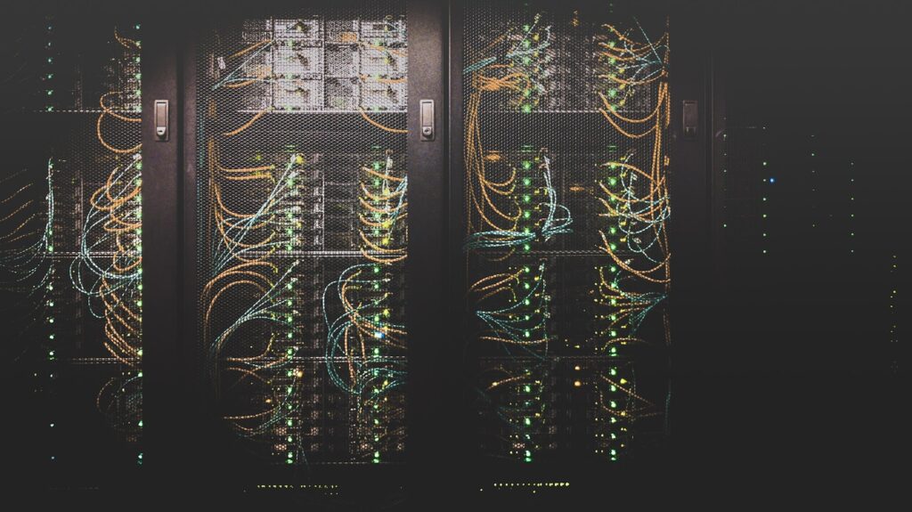 Modern data center server room representing web hosting